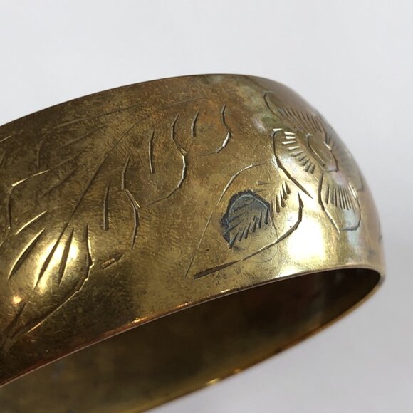Brass Bangle Bracelet Etched Leaves & Flowers Natural Patina Unpolished IN - Picture 11 of 14